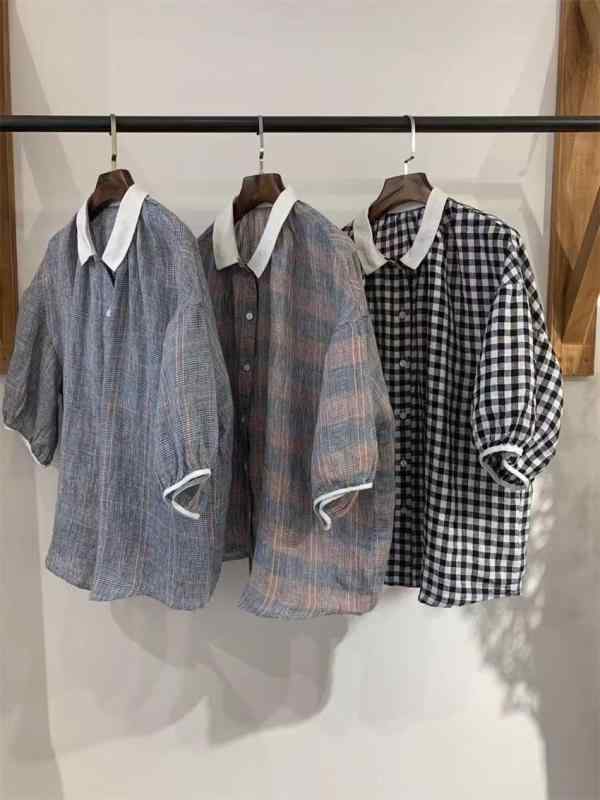 ティーシャツ レディース 半袖 襟付き添い人 リネン 麻 トップ トップス 春夏 ゆったり 愛くるしげ 今めかしい レトロ 読みもの風 黒 白 透かし彫り柄 サクラ色系 薄墨色3