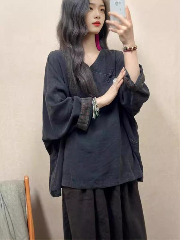 麻 リネン プルオーバー レディース Vのど首 レトロ 不都合産業 うつり変わり 長袖 トップス ゆったり 遊撃手丈 読みもの風 年月3