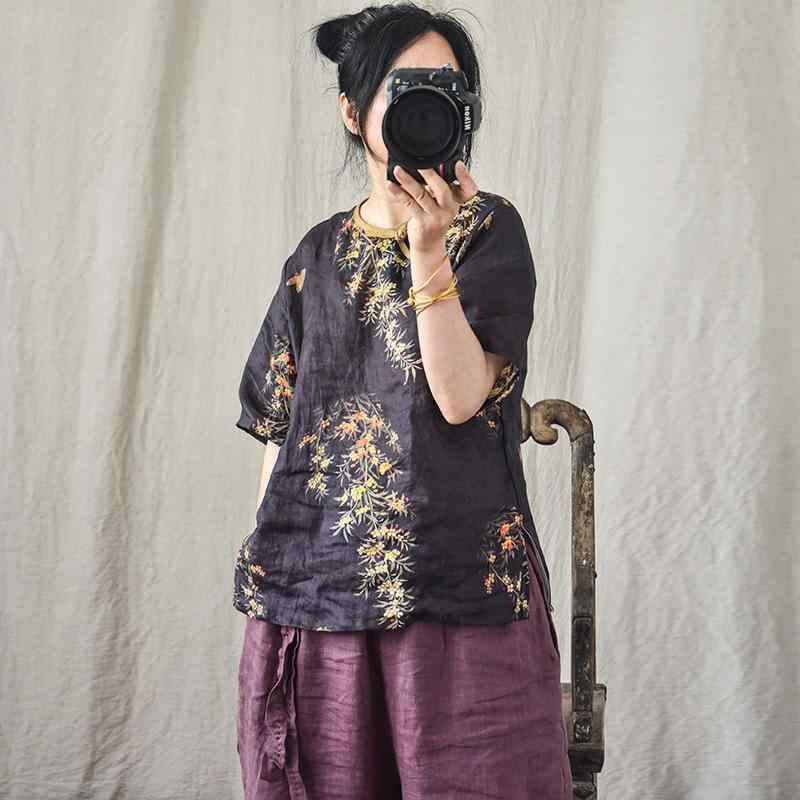 プルオーバー レディース 国風返り咲き アジア麻 リネン デジタル刷り上げる トップス 曲がった名取り草 中華風 半袖 黒いこと 青色 花柄 赤いこと 青色緑であること ゆったり ラウンドのど首 読みもの返り咲き 瀬戸もの表現スタイル3