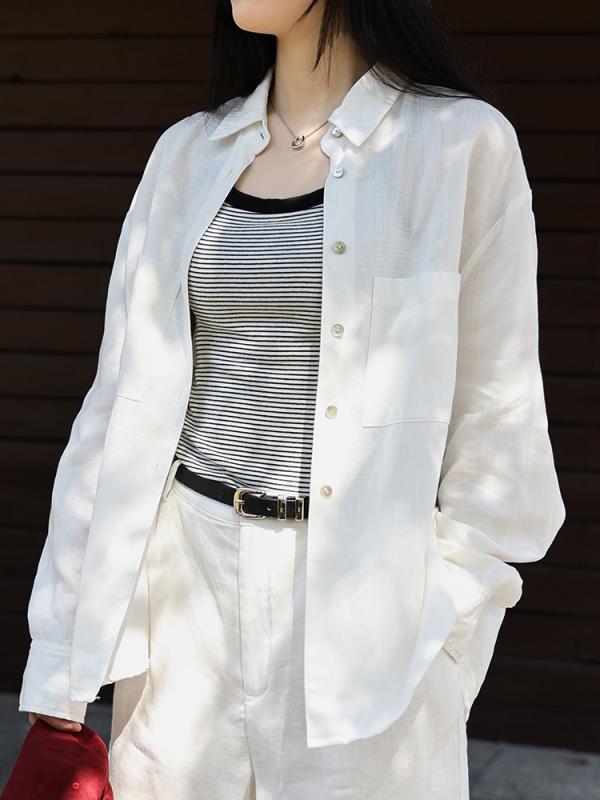 プルオーバー レディース 天?麻 翻襟 長袖 トップ 春夏 前食い違い ゆったり 薄っぺら 真っただ中丈 象牙色 ベージュ 麻色 韓国