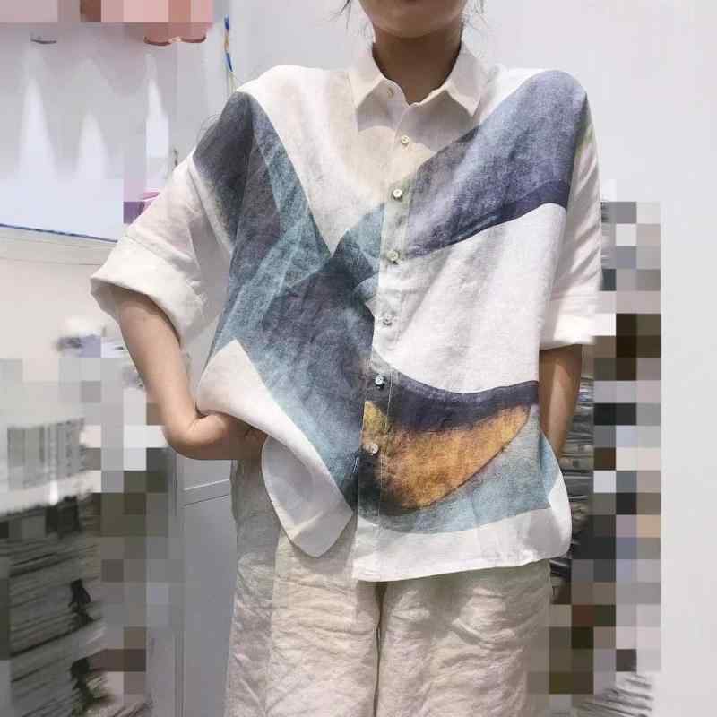 プルオーバー レディース リネン雑ぜ合わせる ゆったり 刷り上げる柄 五分袖 トップ トップス 心地よい 韓国  普段使い走り 白 麻本3