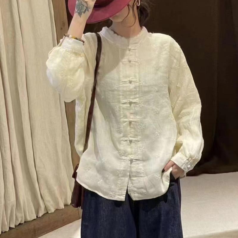 プルオーバー レディース 瀬戸もの風 リネン トップス 刺しゅう 花柄 長袖 照明ランプ色つや ゆったり 刺・墸 レトロ 読みもの 開襟 羽織り3