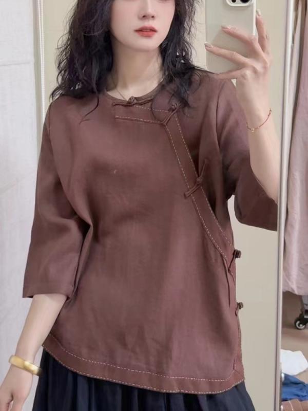 プルオーバー レディース 麻 リネン トップス トップ 中国風 禅風 茶服 七分袖 カットソー ゆったり 読みもの風 レトロ 麻本色 薄墨色 カーキ