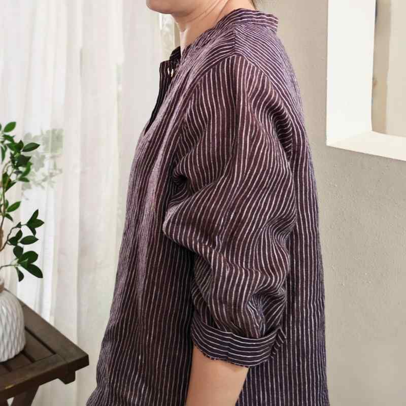 プルオーバー レディース 麻 リネン 縞模様 トップス トップ 立襟 旗がしらのど首 薄っぺら 読みもの風 レトロ 薄墨色系 オレンジ色系 パープル系 赤銅色系 ベージュ系 青碧系 米国海軍系3