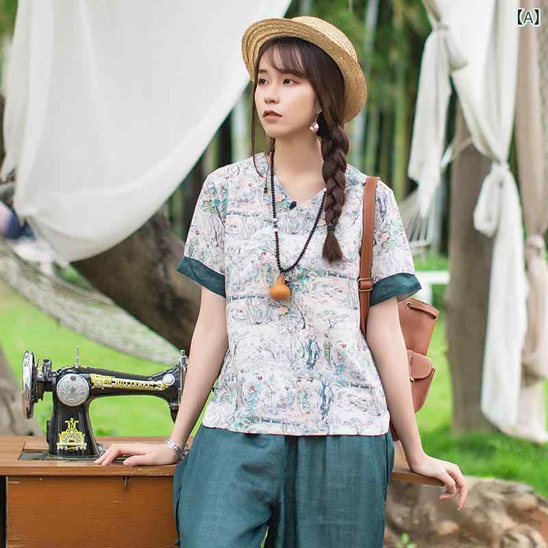 プルオーバー レディース 半袖 リネン トップス 春夏 Vのど首 瀬戸もの風 花柄 レトロ エスニック3