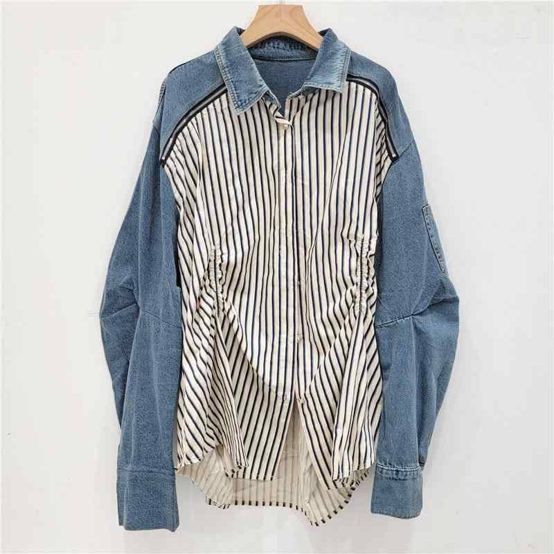 プルオーバー レディース ジーンズ袖 うつり変わり 縞模様 長袖 トップス 韓国 ゆったり POLO襟 青碧 歳月 日韓表現スタイル