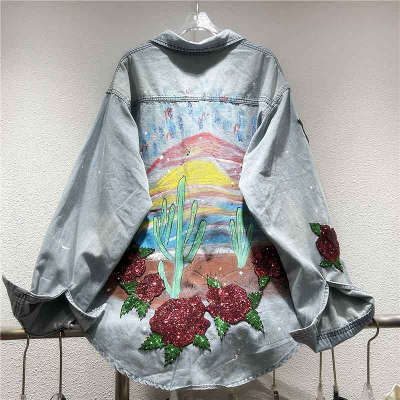 プルオーバー レディース ジーンズプルオーバー 秋冬 長袖 POLO襟 トップス 墨付き風 花柄 スパンコール ゆったり 普段使い走り 自己同一性的な表どおり表現スタイル