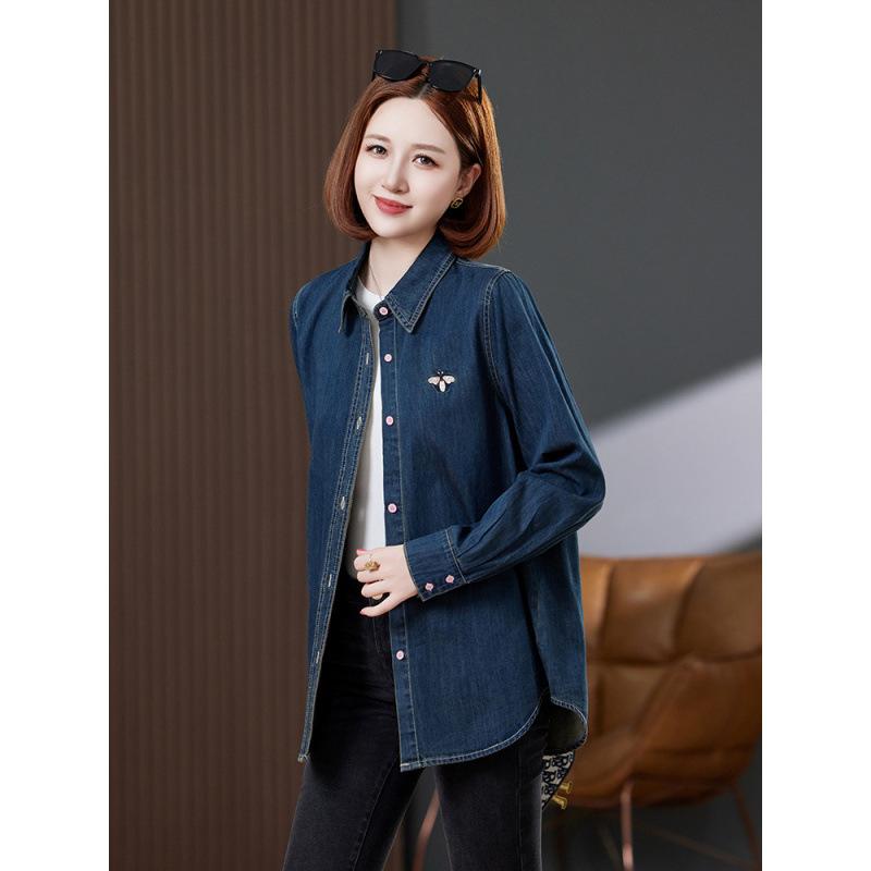 プルオーバー レディース 長袖 ジーンズ 綿織物 ゆったり 刺・墸 青碧 M L XL ポロ襟 トップス トップ アウター 心地よい 通い