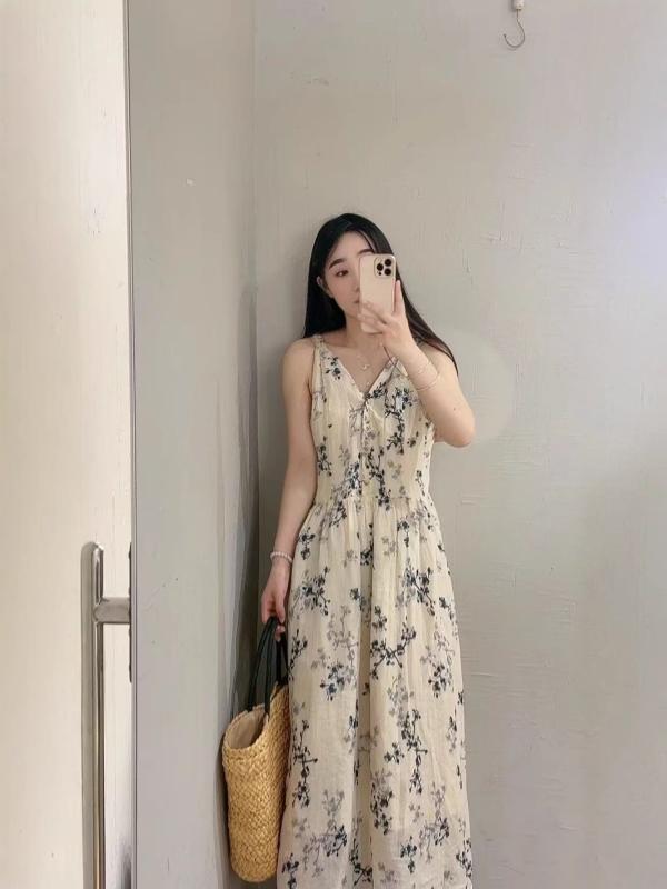 衣装 レディース ヴィンテージ風 花柄 苧麻 ノースリーブ 手編み キャミソール A生産ライン Vのど首 マキシ丈衣装 高腰 読みもの風 レトロ