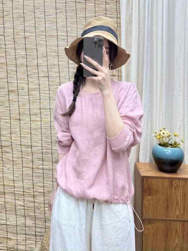 プルオーバー レディース 麻 リネン 長袖 ティーシャツ ラウンドのど首 トップス ゆったり大きさ さくら色系 オレンジ色 緑であること 白いこと 黄色 刺しゅう 春夏 読みもの 普段使い走り3