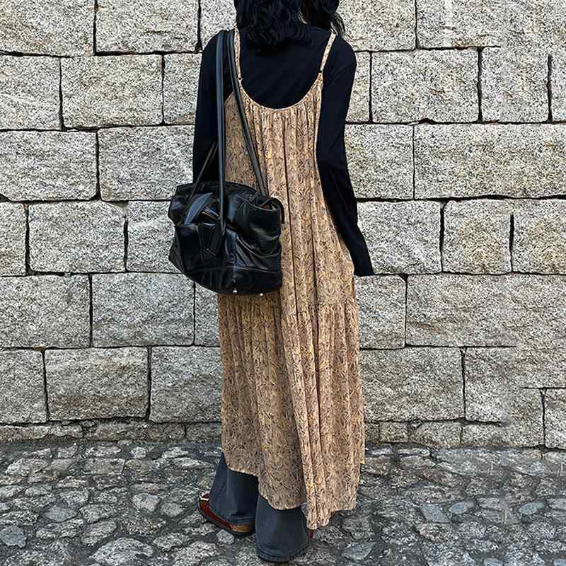 衣裳 レディース 春夏 花柄 吊りスコート ロング丈 シフォン ゆったり Uのど首 ノースリーブ 好いたらしい 普段使い走り たまり場 通い ポリエステル3
