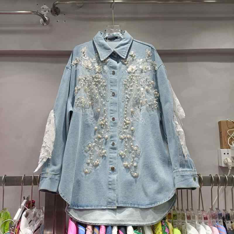 プルオーバー レディース ジーンズプルオーバー トップ 長袖 春物 ルーズフィット ビーズ スパンコール 青碧 M L 読みもの レトロ
