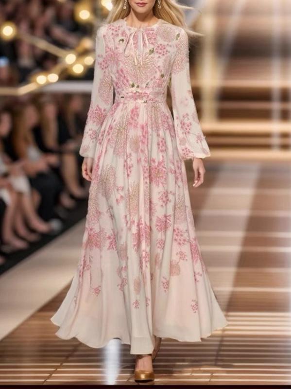 衣裳 レディース 花柄 春夏 ロング衣裳 御化け 雅びやか 高見せかけ elegant 高腰 ラウンドのど首 提燈衣袂 当たること冷感 伸縮性 ポリエステル ゆったり 普段使い走り 会う約束