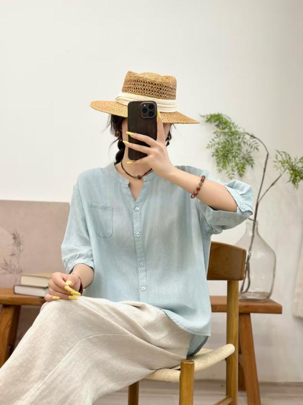 プルオーバー レディース 春夏 五分袖 Vのど首 麻 リネン混 トップス トップ ゆったり 通い 事務室 心地よい 無地 開襟プルオーバー 開襟トップ3