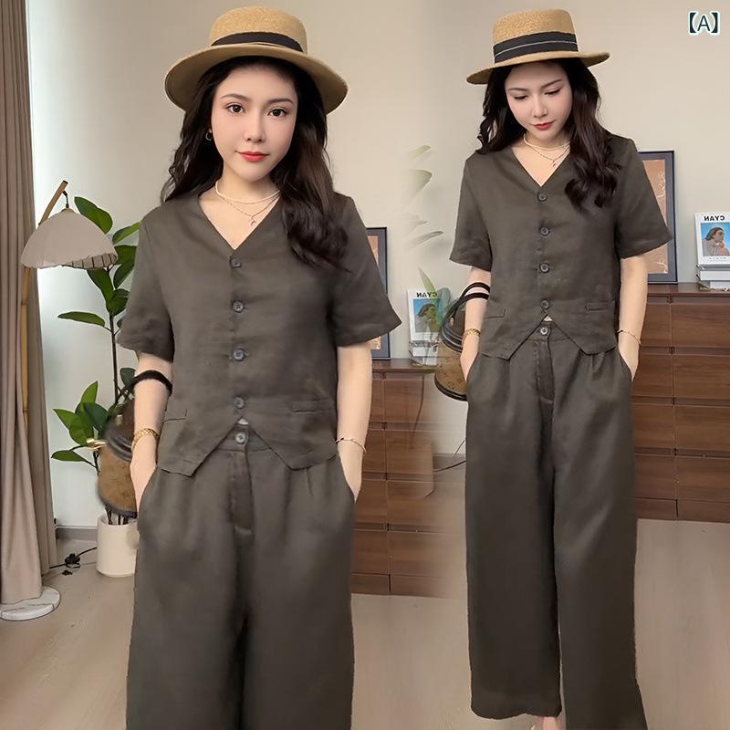 セットアップ レディース 麻 リネン プルオーバー ワイドレッグパンツ 2点仕掛ける 今めかしい 愛くるしげ 表現スタイル引きあげる ゆったり大きさ 気が大きい大きさ