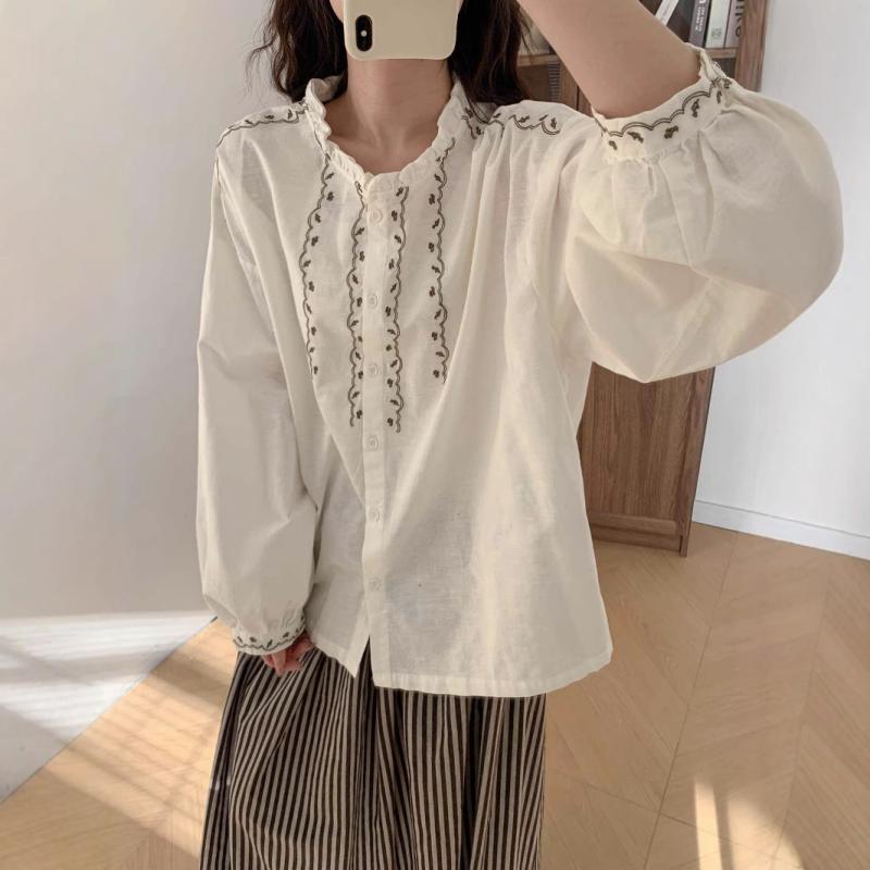 プルオーバー レディース 春夏 小花柄 刺・墸 襟付き添い人 トップス 麻 リネン ゆったり 長袖 トップ 白 象牙色3
