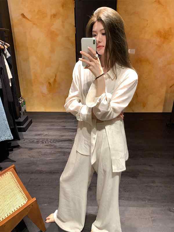 セットアップ レディース 春夏 当たること冷感 リネン交ぜあわせる テーパードパンツ 長袖プルオーバー お部屋着 お部屋お召しもの 普段使い走り 通い 韓国 心地よい