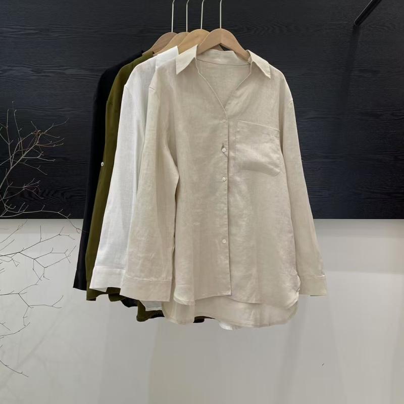 プルオーバー レディース 長袖 年月 麻 リネン 襟付き添い人 トップス トップ ジレー ゆったり 黒いこと 白いこと 緑であること 象牙色 通い3