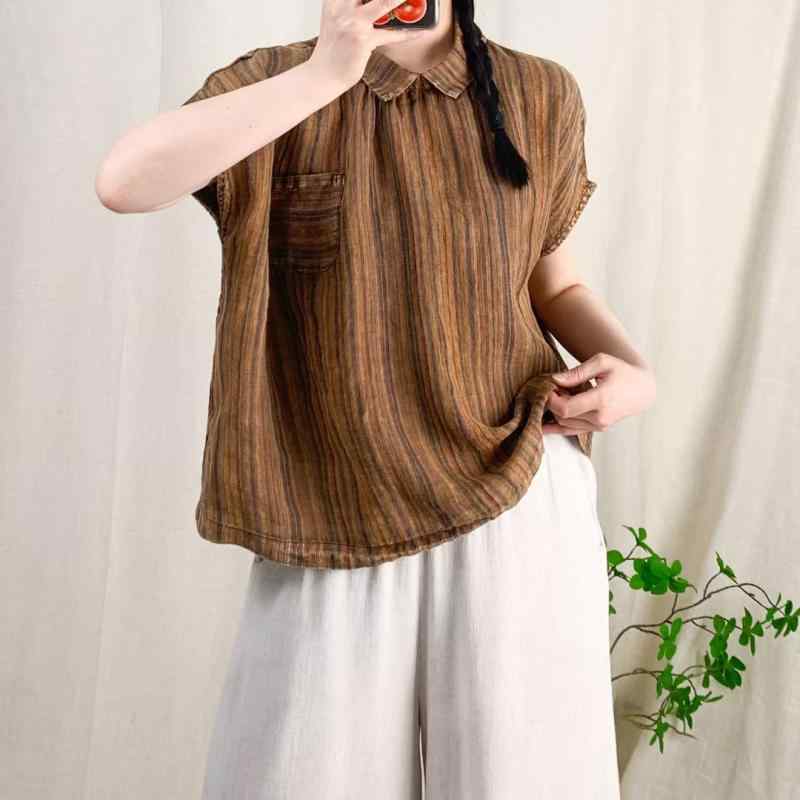 プルオーバー レディース リネン 麻 縞模様 トップス 半袖 襟付き添い人 読みもの風 レトロ ゆったり 気が大きい大きさ 落っこちる肩部 色彩設計 衣嚢付き添い人 古典派音楽3