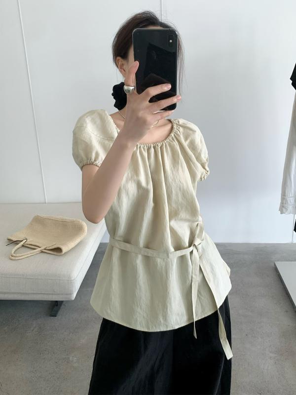 プルオーバー レディース 半袖 一文字肩 トップス 麻 リネン混 天? 麻 当たること冷感 ティーシャツ トップ ギャザー 泡 泡袖 パフ衣袂 ゆったり 黒 黒いこと 白 白いこと さくら色系 杏色 ベージュ 薄黄味がかった 黄色 日韓表現スタイル3