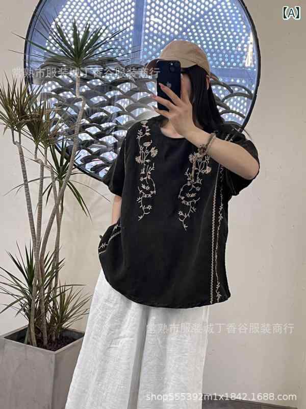 プルオーバー レディース 半袖 綿麻 読みもの 刺しゅう リネン レトロ 表着 トップス カットソー 黒 黒いこと 赤 赤いこと カーキ 地びた色つや ゆったり ラウンドのど首 幾何学学飾りつけ 普段使い走り 伸び伸びする 心地よい