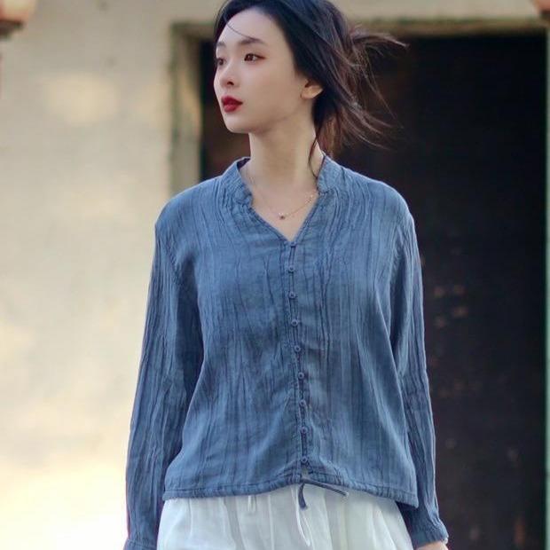 プルオーバー レディース 麻 リネン Vのど首 長袖 トップス トップ 象牙色 緑 紺 紫 ゆったり 普段使い走り 通い用3