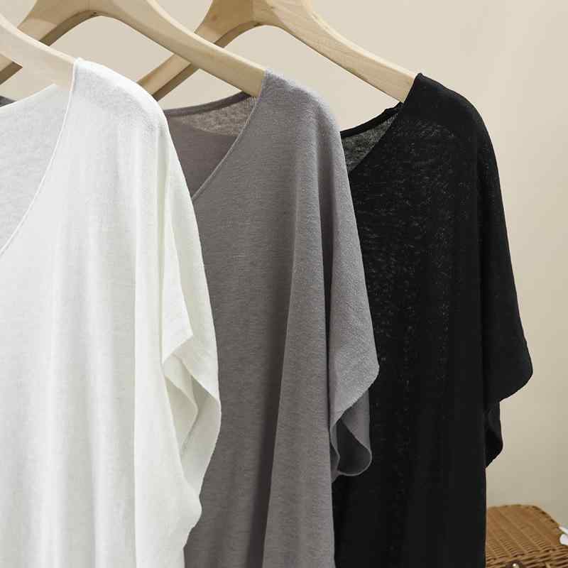ティーシャツ レディース 58% 桑蚕糸 麻 リネン混紡 野球バット衣袂 ゆったり 薄っぺら Vのど首 ノースリーブ トップス 春夏 雅びやか