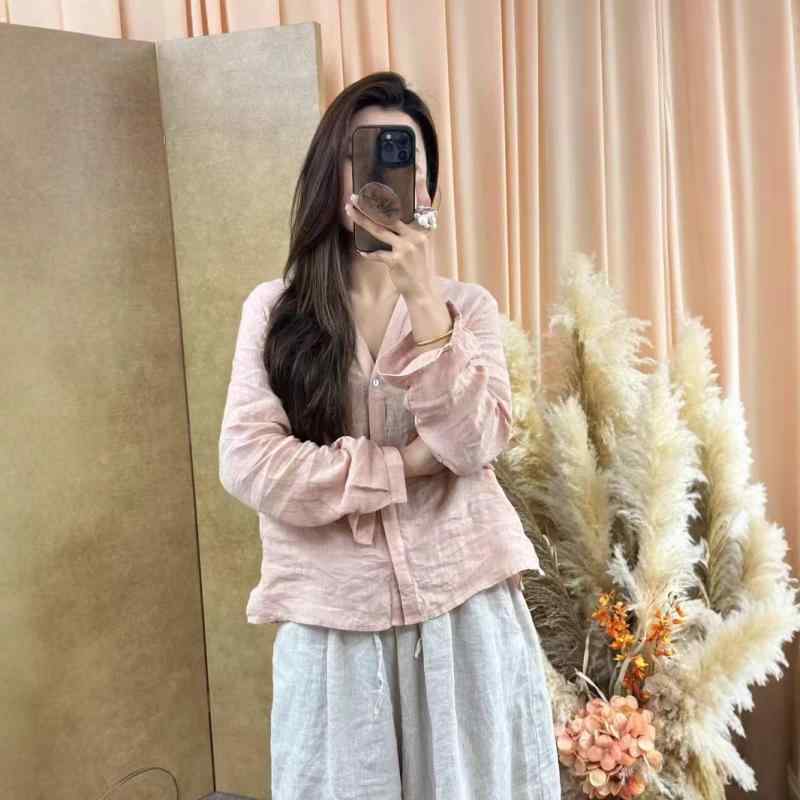 プルオーバー レディース 薄っぺら 好いたらしい 苧麻 リネン Vのど首 長袖 トップス トップ ジレー サクラ色系 ゆったり 読みもの風 レトロ3