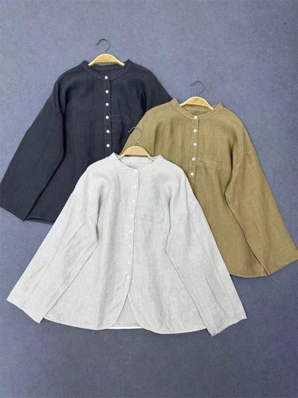 プルオーバー レディース 麻 リネンプルオーバー 長袖 ジレー トップス ラウンドのど首 ゆったり大きさ 伸び伸びする お部屋お召しもの 日韓表現スタイル 心地よい 麻本色 薄墨色 カーキ3