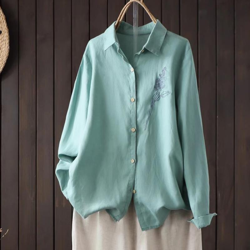 プルオーバー レディース 春夏 リネン 麻 トップス トップ 長袖 刺・墸 花柄 ゆったり 体型取りまかなう 着痩せ 前くい違い 襟付き添い人 象牙色 青碧緑であること ベージュ キャラメル たまり場 デイリー3