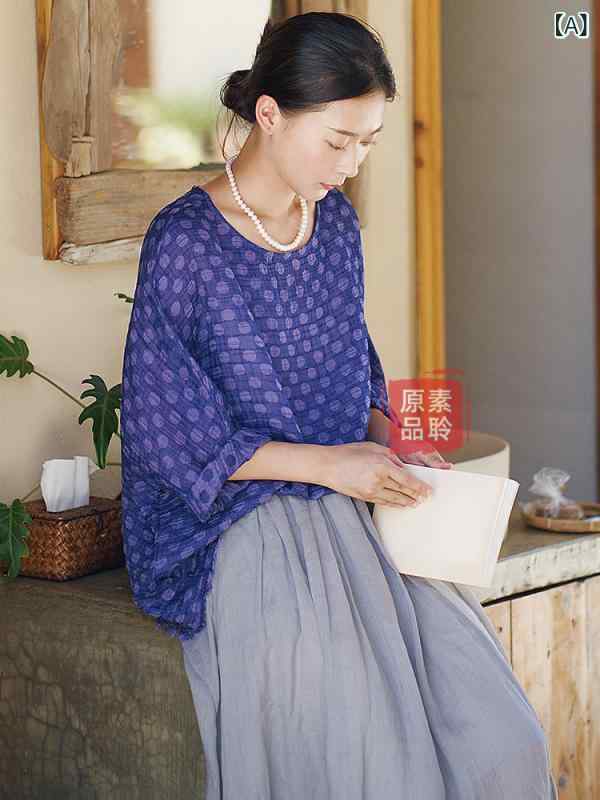Tシャツ レディース 麻 波点柄 ゆったり トップス 九分袖 ラウンドネック 蝙蝠袖 薄手 接触冷感 紫外線対策 日韓風 リネン 涼しい ブラウス カットソー 紫 青 杏色 グリーン3|MIRAIYUKI