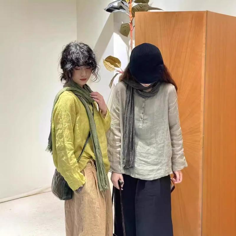 ティーシャツ レディース 麻 リネン トップス 長袖 ティーシャツ ラウンドのど首 無地 ゆったり 上着丈 白 黒 赤 黄味がかった レトロ 読みもの風 心地好い3