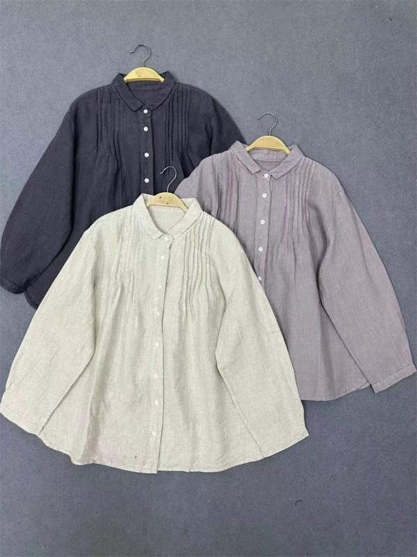 プルオーバー レディース リネン 麻 トップス トップ 長袖 襟付き添い人 ジレー ゆったり 読みもの風 レトロ 麻色 パープル 薄墨色3