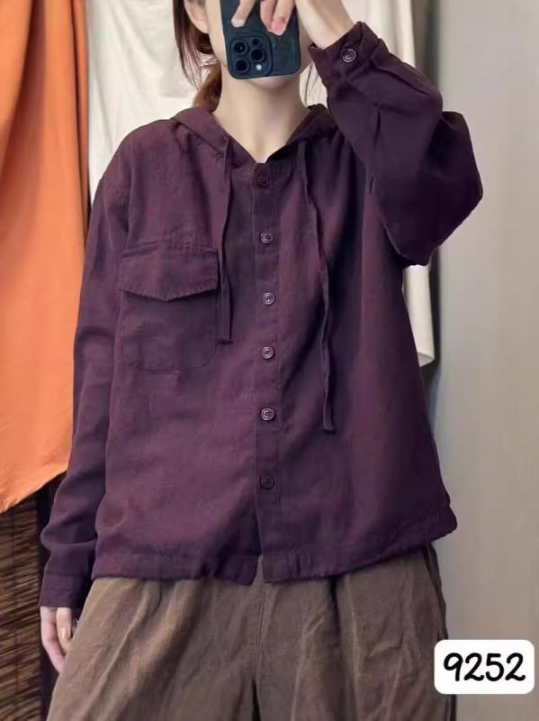 プルオーバー レディース リネン 綿麻混紡 秋冬 気が大きい大きさ ゆったり 長袖 トップ トップス 羽織り物 厚地の外套 読みもの風 パープル 黒いこと 赤銅色 緑であること3