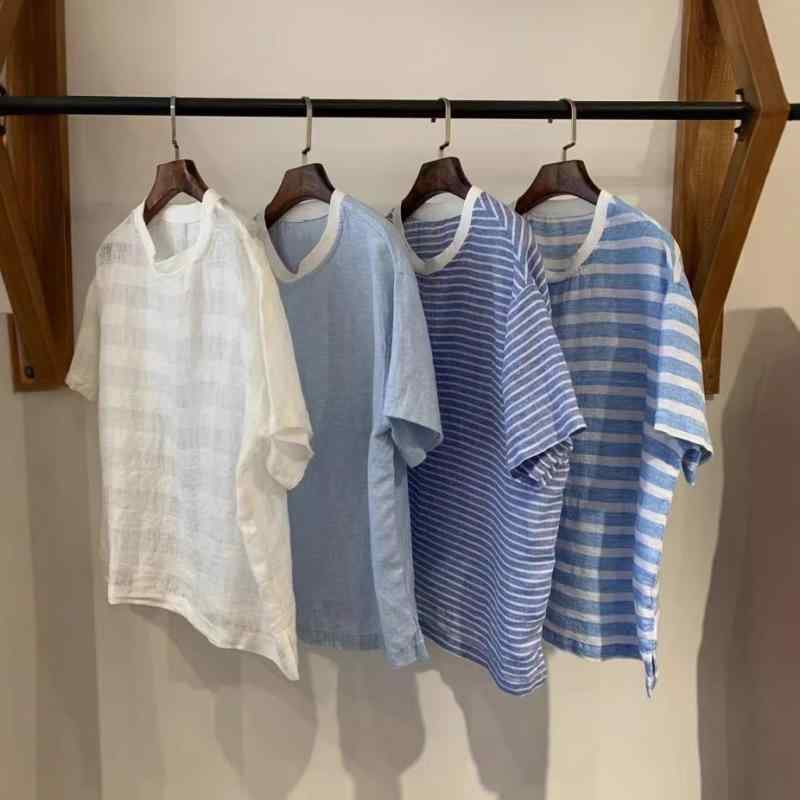 ティーシャツ レディース 麻 リネン 縞模様 半袖 ラウンドのど首 ティーシャツ ゆったり トップス トップ 青碧系 白いこと系 読みもの風 伸び伸びする 当たること冷感 吸湿速乾3