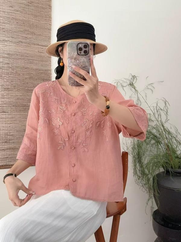 プルオーバー レディース 春夏 刺・墸 リネン プルオーバー トップ ゆったり 立襟 トップス 麻 花柄 半袖 読みもの風 レトロ 愛くるしげ 白 サクラ色系 黄味がかった 紫 紺3