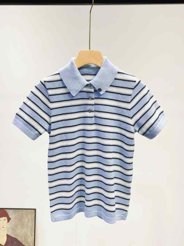 Tシャツ レディース 春夏 POLOネック 半袖 レトロ ストライプ ニット トップス カットソー 綿混紡 接触冷感 通勤着 普段使い 配色 襟付き3｜MIRAIYUKI