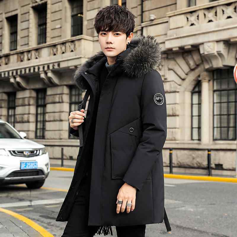 羽絨服 メンズ 成人男性用 中綿 中長丈 ボンネット付き添い人 白ダックダウン 86% 90% 朦々たる 防寒 アウター 前掛け 上衣 黒 薄墨色 ポリエステル 秋冬
