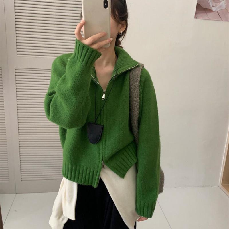 編み物 ジレー レディース 秋冬 長袖 ジップアップ 小っちゃい 韓国 無地 ゆったり 編み物 アウター トップス ミルキー白いこと 皮膚軟化剤黄色 薄墨色 緑であること 青碧 パープル 赤いこと 米国海軍3