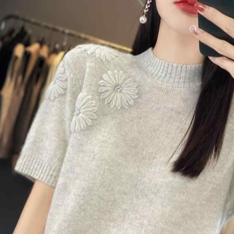 ティーシャツ レディース 春夏 半袖 編み物 トップス 刺しゅう 花柄 羊毛 ゆったり 遊撃手丈 薄墨色 秋香黄色