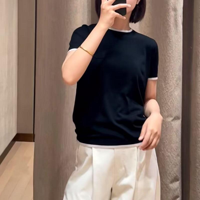ティーシャツ レディース レトロ 色彩設計 うつり変わり 間借り人柄 編み物 トップス 半袖 羊毛雑ぜ合わせる ラウンドのど首 黒 白 一本調子 好いたらしいめ 通い