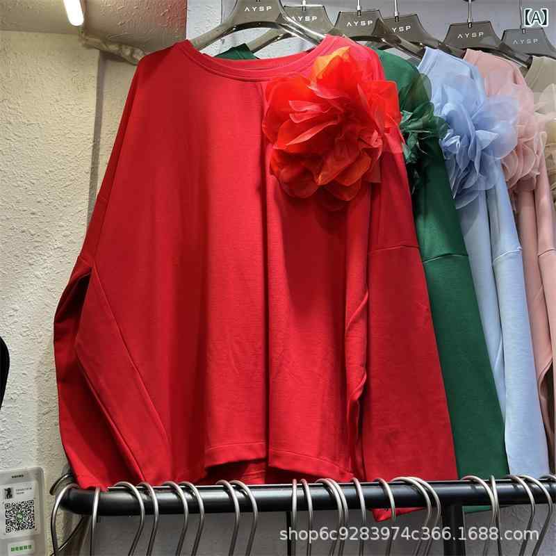 プルオーバー レディース 長袖 ゆったり ラウンドのど首 トップス 立体 大花 年月 表どおり 赤 緑 青 サクラ色系 黒3