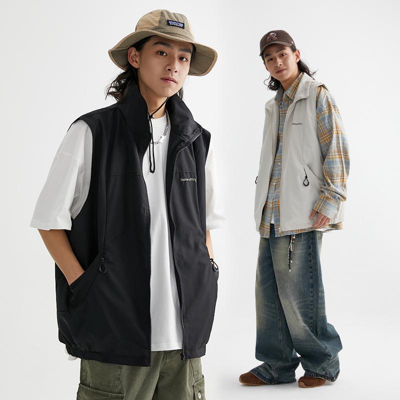 より良い 成人男性用 細工物より良い 春物 細工物御召しもの 無袖 トップス 立襟 ポリエステル 薄墨色 黒