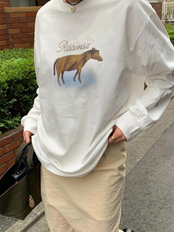 プルオーバー レディース 白 長袖 綿織物 トップス 年月 ゆったり ラウンドのど首 毛の荒物柄 刷り上げる 愛くるしげ 韓国 カットソー 普段使い走り3