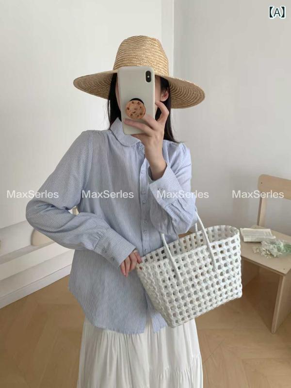ティーシャツ レディース 縞模様 うつり変わり 襟付き添い人 綿織物 長袖 トップス トップ 翰林院風 ??????事あたらしい 浅藍 深色3