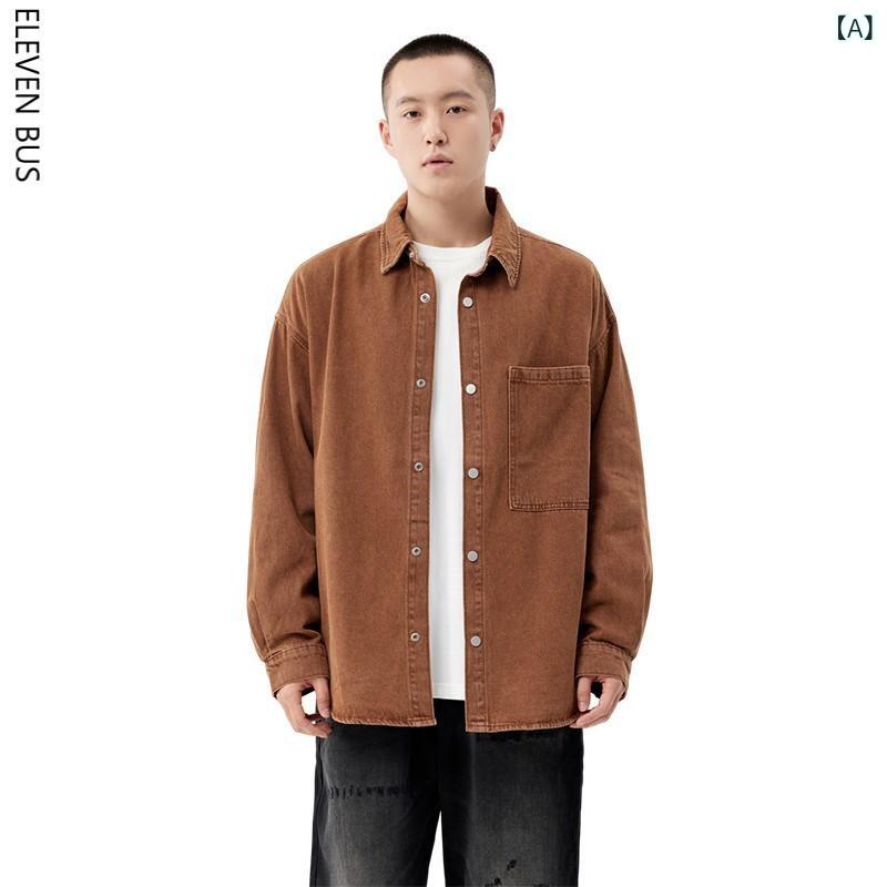 プルオーバー メンズ 成人男性用 トップス ジーンズ ウォッシュ工業 細工物プルオーバー 襟付き添い人 綿織物 ゆったり 赤銅色 隠し 長袖 歳月