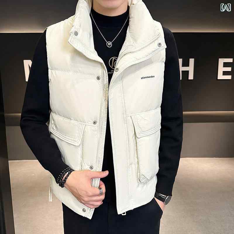 落ちこむより良い 成人男性用 アウター 歳月冬 立襟 無地 中綿 ベスト  心地よい 表現スタイル あったか 防寒 軽さ 普段使い走り アウトドア 旅する お座敷着 米白 黒 黒いこと 珈琲