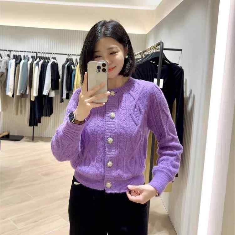 編み物 ジレー レディース 秋冬 韓国  毛糸 金名取り草 長袖 トップス 普段使い走り 愛くるしい 喫茶店色 紫 無償性大きさ3