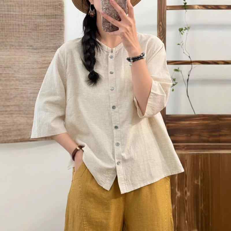 ティーシャツ レディース 天??麻 リネン混紡 トップス 五分袖 立襟 うつり変わり 無地 読みもの風 ゆったり 好いたらしい 普段着 御部屋着 白 オレンジ色 紫 麻色 緑3