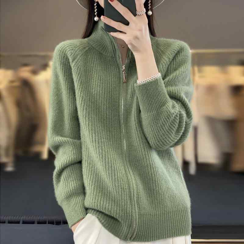 編み物 ジレー レディース 秋冬  羊毛 長袖 ジップアップ 高襟 プルオーバー ゆったり トップス 生あたたかい 羽織りもの 無地 通い 事務室心地よい 好いたらしいめ 愛くるしい ベージュ系 緑であること系 黒いこと系